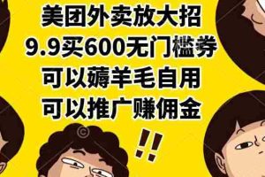 （15352期）美团外卖放大招，9.9买600无门槛券，可以薅羊毛自用，可以推广赚佣金